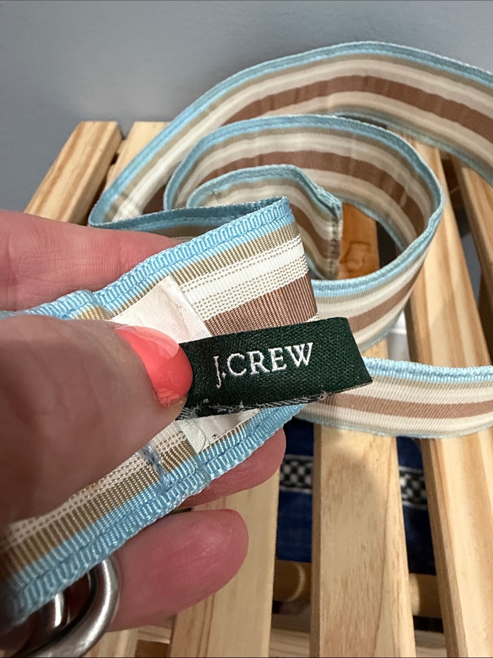J.Crew Striped Ribbon D-Ring Belt Coastal Preppy Blue Tan Cream Adjustable S/M - Picture 3 of 3